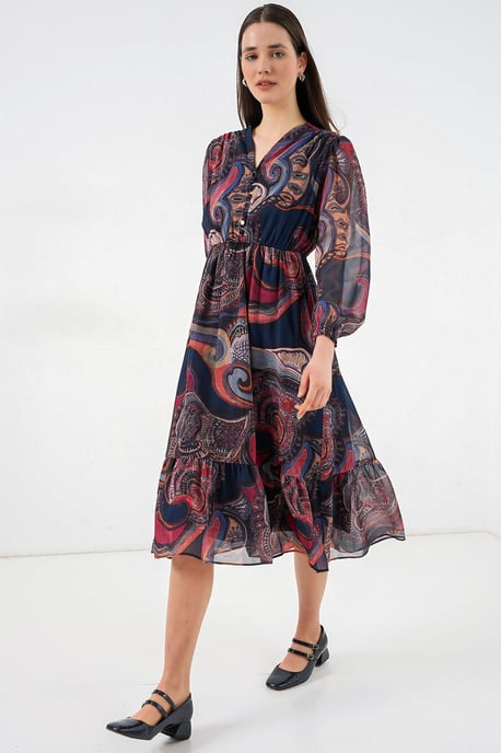 V-Ausschnitt Midi-Kleid mit Knopfverschluss - Image 2