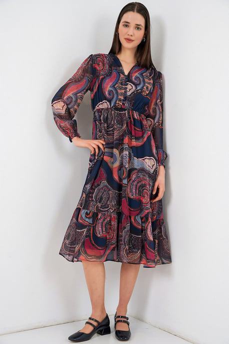 V-Ausschnitt Midi-Kleid mit Knopfverschluss - Image 3