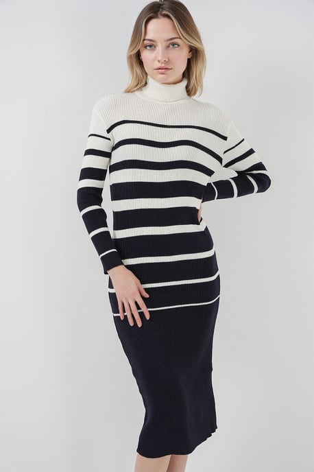 Ripp gestreiftes Rollkragen-Midi-Strickkleid - Image 1