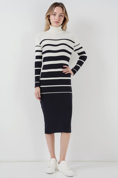 Ripp gestreiftes Rollkragen-Midi-Strickkleid - Image 2