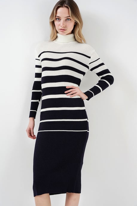 Ripp gestreiftes Rollkragen-Midi-Strickkleid - Image 4