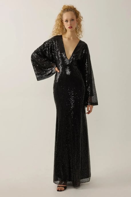Pailletten V-Ausschnitt Maxikleid mit Engelsärmeln - Image 3