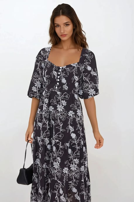 Besticktes Sweetheart-Ausschnitt Tiered-Maxikleid mit Puffärmeln - Image 2