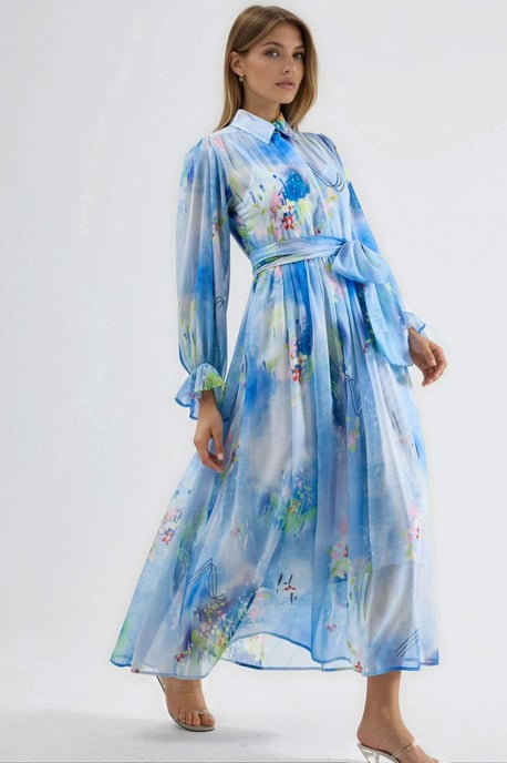 Maxi-Shirtkleid mit Gürtel im abstrakten Muster - Image 2