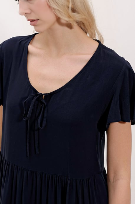 V-Ausschnitt Rüschenshirt Minikleid mit Schleife - Image 3