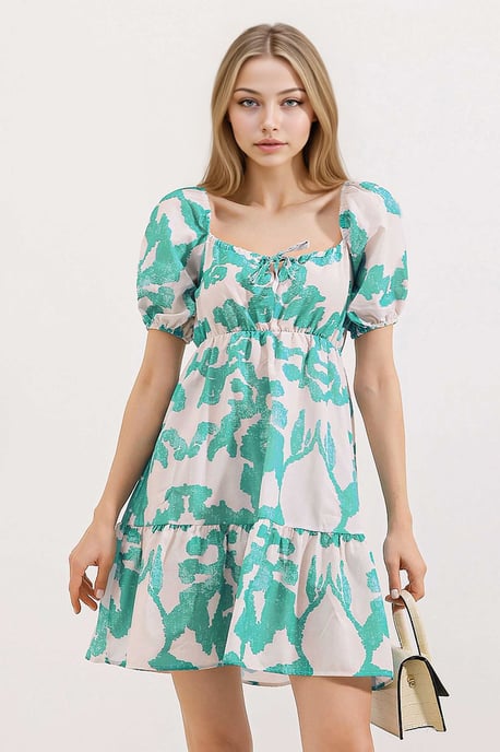 Quadratischer Ausschnitt A-Linien Mini-Kleid mit Schleife - Image 1