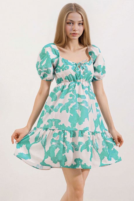 Quadratischer Ausschnitt A-Linien Mini-Kleid mit Schleife - Image 3