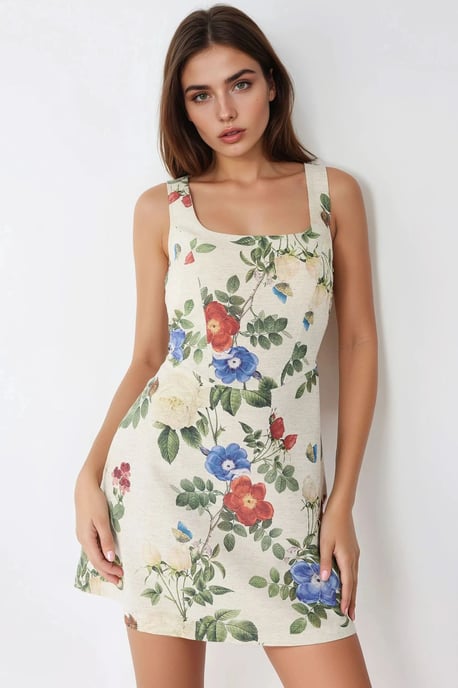 Mini-Kleid mit quadratischem Ausschnitt und Blumenmuster aus Leinen-Optik - Image 2