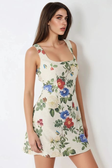 Mini-Kleid mit quadratischem Ausschnitt und Blumenmuster aus Leinen-Optik - Image 3