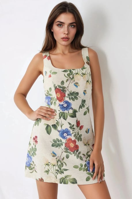 Mini-Kleid mit quadratischem Ausschnitt und Blumenmuster aus Leinen-Optik - Image 6