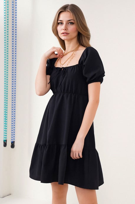 Quadratisch ausgeschnittenes A-Linien Mini-Kleid mit Schleife - Image 1
