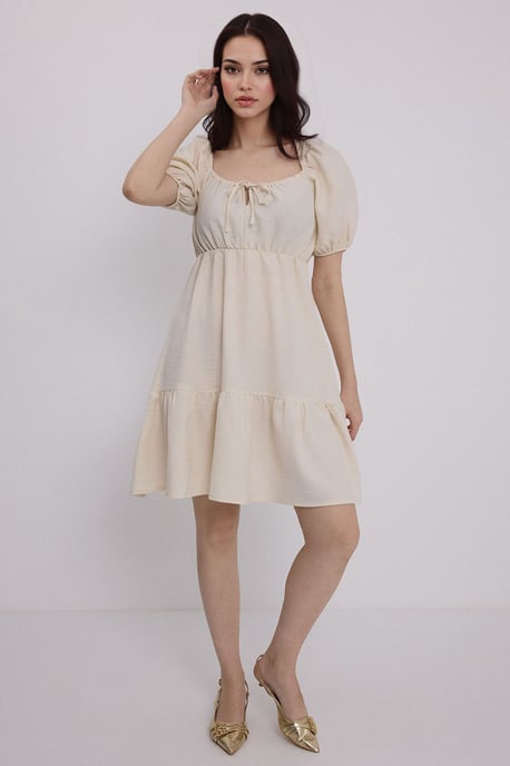 Quadratischer Ausschnitt A-Linien Mini-Kleid mit Schleife - Image 1