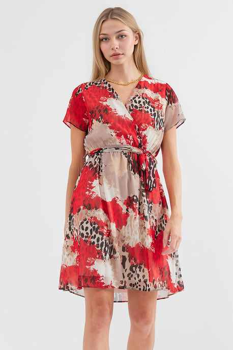 V-Ausschnitt Blühendes Mini-Kleid mit Bindeband - Image 3