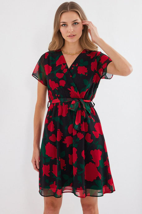 V-Ausschnitt Blumen-Minikleid mit Bindeschleife - Image 2