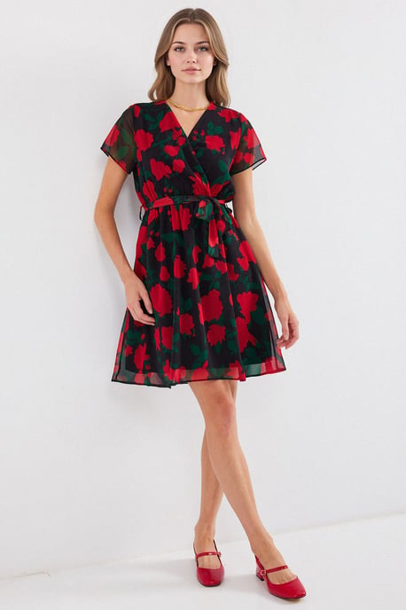 V-Ausschnitt Blumen-Minikleid mit Bindeschleife - Image 3