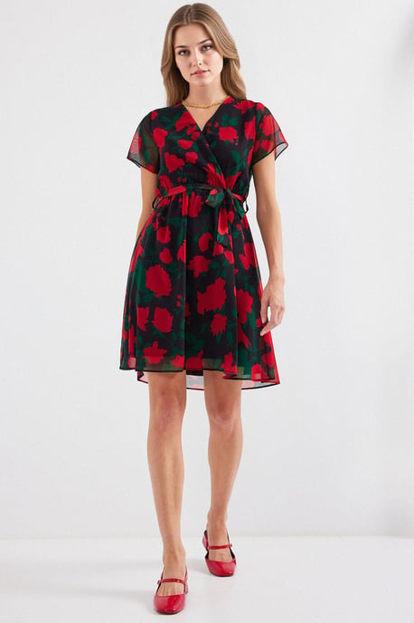 V-Ausschnitt Blumen-Minikleid mit Bindeschleife - Image 4