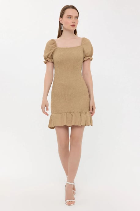 Geripptes, rüschengeschnittenes Mini-Kleid mit Quadrat-Ausschnitt und Ballonärmeln - Image 2