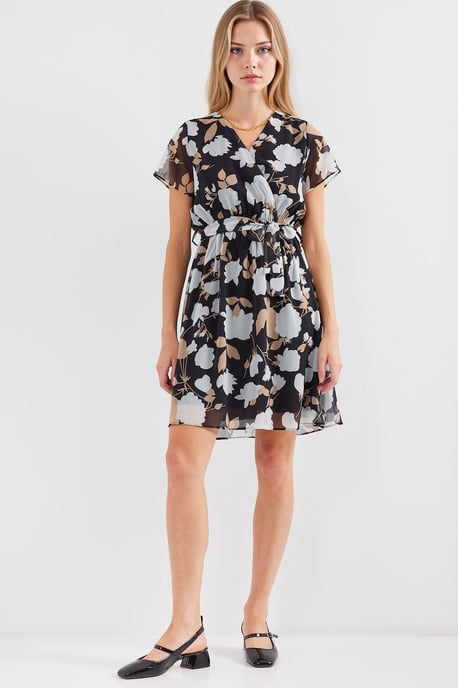 V-Ausschnitt Blüten-Minikleid mit Bindung - Image 2