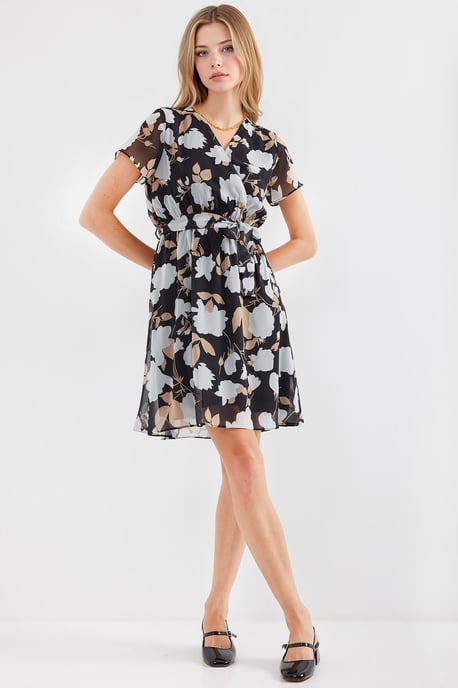 V-Ausschnitt Blüten-Minikleid mit Bindung - Image 4