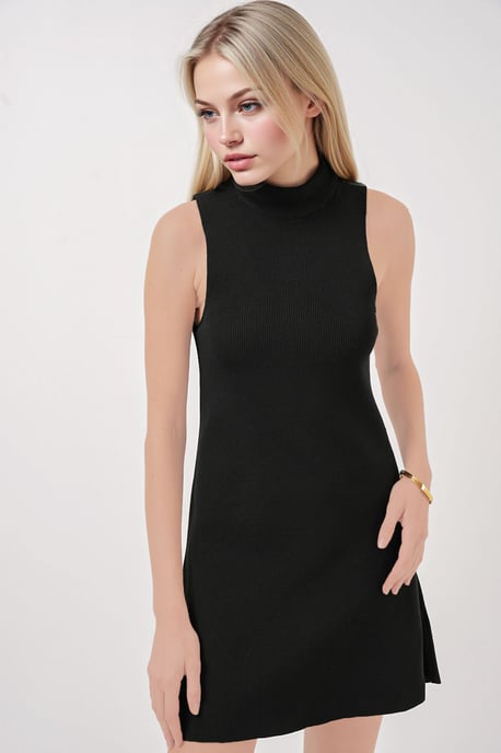 Mini A-Linien Rippstrickkleid mit halbem Stehkragen - Image 1
