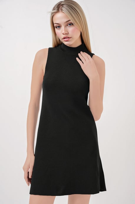 Mini A-Linien Rippstrickkleid mit halbem Stehkragen - Image 3