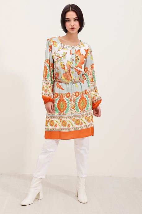 Big Dart Mini-Kleid mit Blumenprint und Schleife - Orange - Image 2