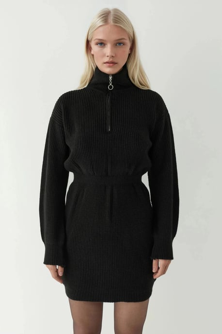 Tailliertes geripptes Mini-Strickkleid mit Reißverschlusskragen - Image 4