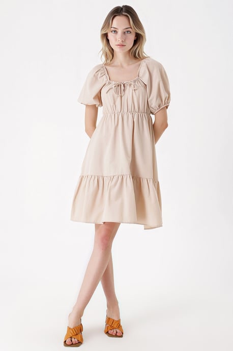 Quadratischer Ausschnitt A-Linien Mini-Kleid mit Schleife - Image 1