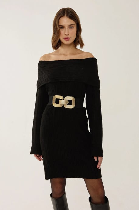 Schulterfreies gestreiftes Strickkleid - Image 1