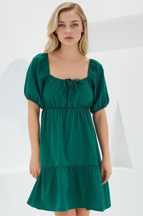 A-Form Mini Kleid mit quadratischem Ausschnitt und Schleife - Image 2