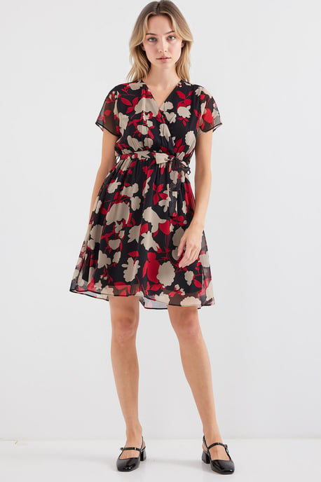 V-Ausschnitt Blühendes Mini-Kleid mit Bindungsverschluss - Image 3