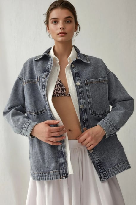 Oversized Jeansjacke mit Hemdkragen und Taschen - Image 1
