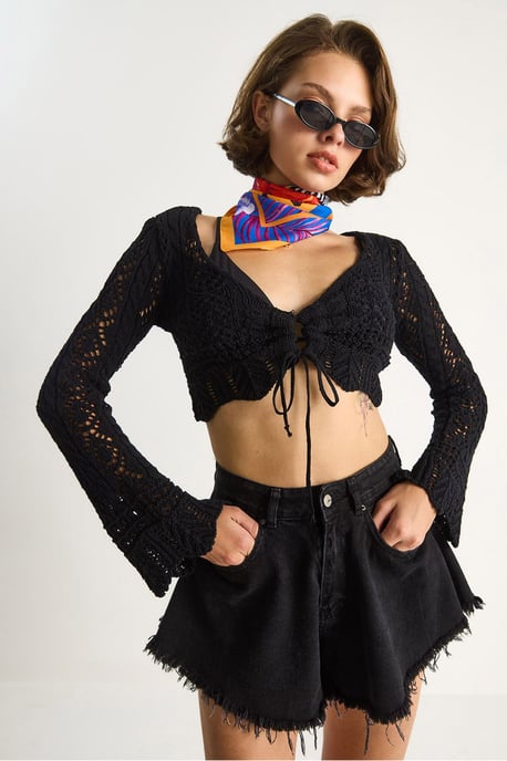Strickware V-Ausschnitt Langarm Crop Bolero - Image 5