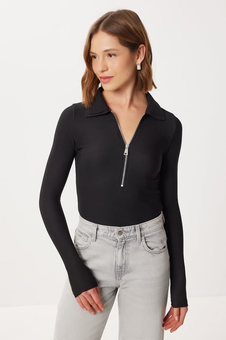Strukturierte Langarm-Bluse mit tailliertem Schnitt und Reißverschlusskragen - Image 2