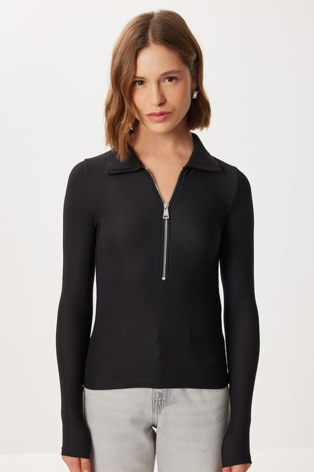 Strukturierte Langarm-Bluse mit tailliertem Schnitt und Reißverschlusskragen - Image 3
