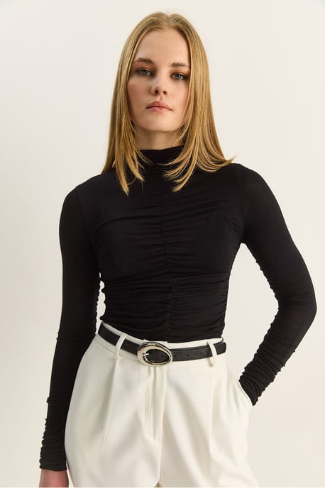 Slim Fit Halb-Stehkragenbluse mit Drapierung - Image 2