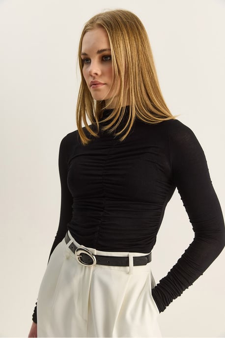 Slim Fit Halb-Stehkragenbluse mit Drapierung - Image 3