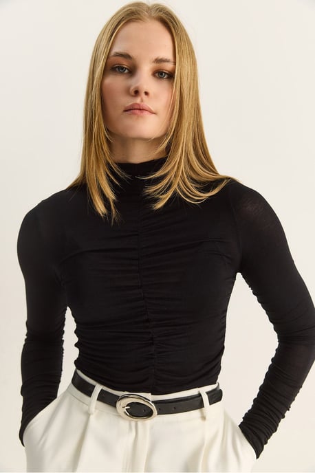 Slim Fit Halb-Stehkragenbluse mit Drapierung - Image 5