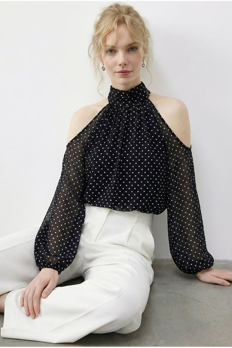 Polka-Dots Chiffon-Turtleneck-Bluse mit Ausschnitt - Image 2