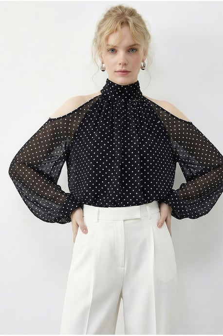 Polka-Dots Chiffon-Turtleneck-Bluse mit Ausschnitt - Image 3
