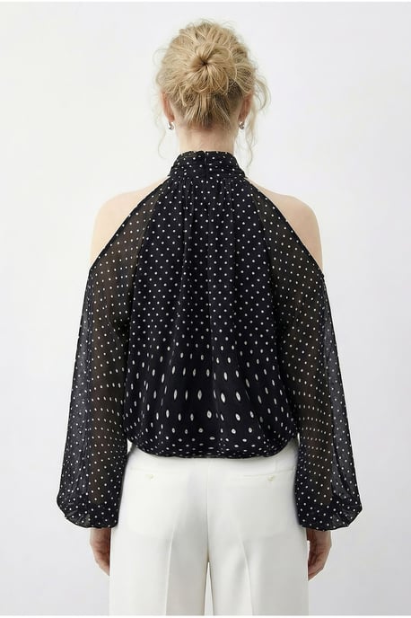 Polka-Dots Chiffon-Turtleneck-Bluse mit Ausschnitt - Image 4