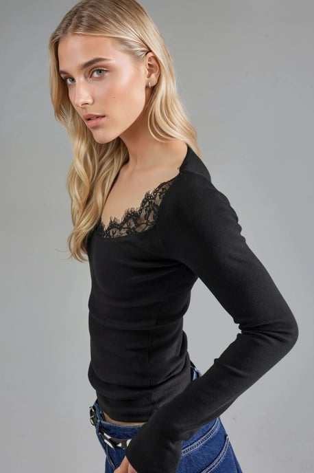 Bluse mit Spitzen-Detail und V-Ausschnitt - Image 5