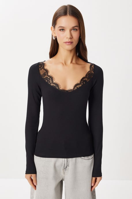 Spitzen-U-Ausschnitt Langarm-Fit-Bluse - Image 4