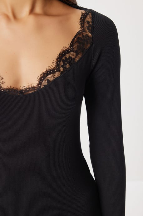 Spitzen-U-Ausschnitt Langarm-Fit-Bluse - Image 5