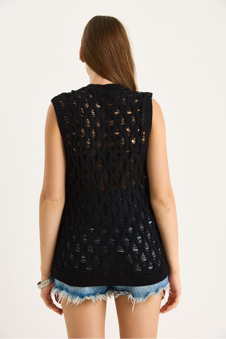 Strukturierte Strickbluse ohne Ärmel mit Rundhalskragen - Image 5