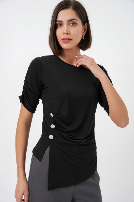 Rundhalsausschnitt mit Knöpfen Bluse - Image 3