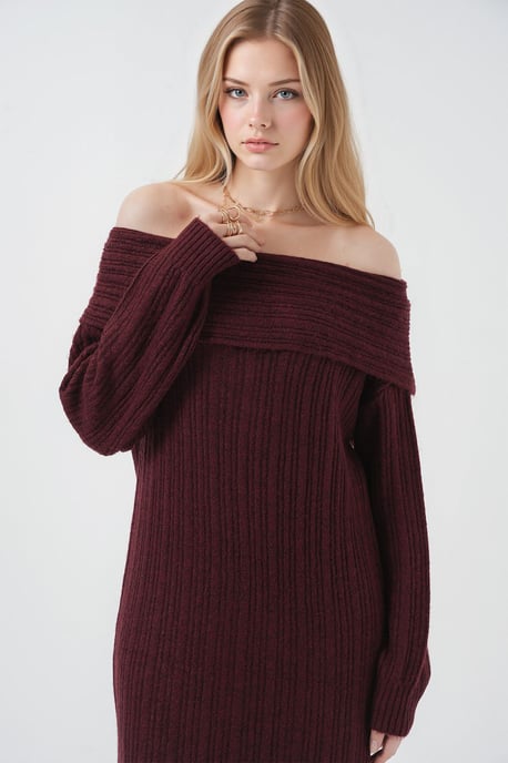 Oversized Rippenstrick-Midi-Kleid mit Madonna-Kragen - Image 3