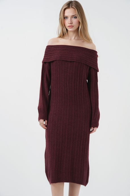 Oversized Rippenstrick-Midi-Kleid mit Madonna-Kragen - Image 4