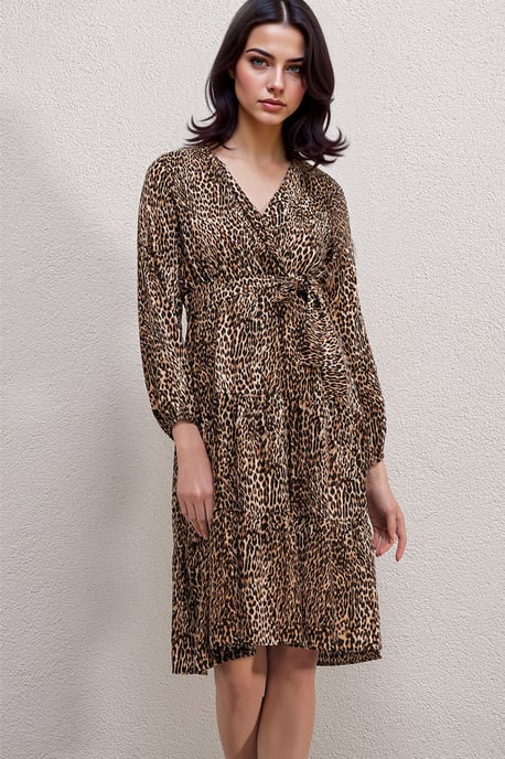 Leopardenmuster Midi-Kleid mit Schleife - Image 1