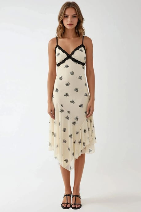 V-Ausschnitt Bedrucktes Bodycon-Maxikleid mit Spitze - Image 1
